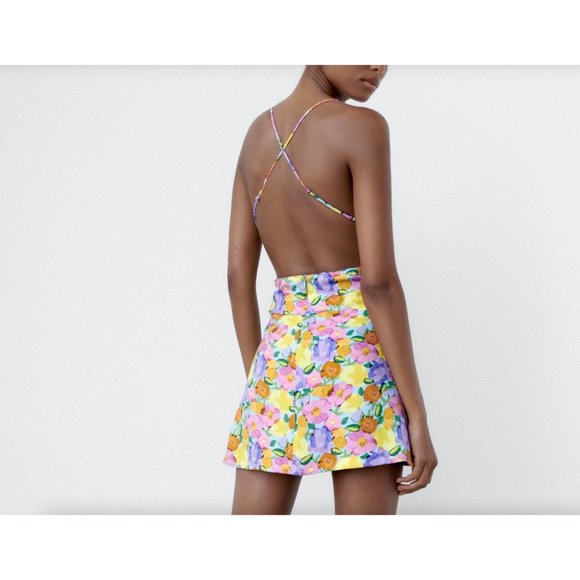 NWT Women's Zara Floral Print Mini Purple Open Strappy Back Dress Size XL - Picture 12 of 12